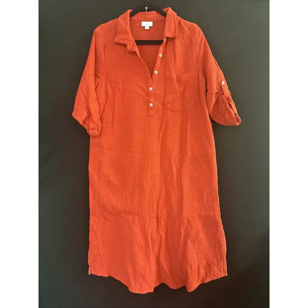 J. Jill Women's Solid Orange Cotton Dress Size M Oversized Pockets 3/4 Sleeve - Picture 1 of 8